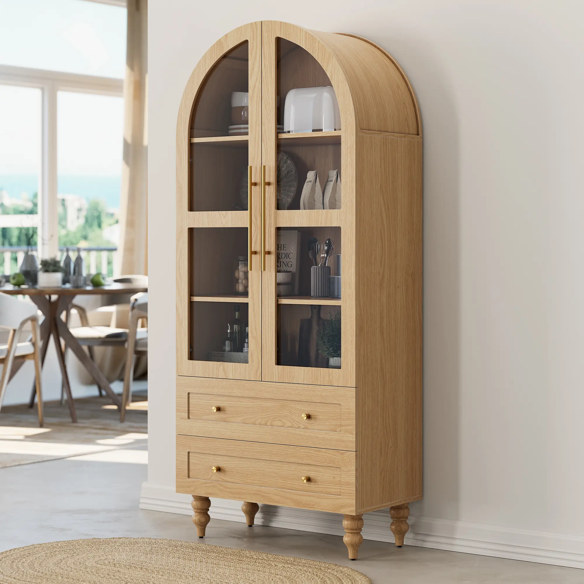 Walsunny 70" Tall Arched Kitchen Pantry, Modern Farmhouse Wooden Glass-Door Kitchens Storage Cabinets with 2 Large Drawers and 4 Shelves, Versatile Cupboard for Kitchen, Dining Room, Bathroom, Natrual Mother's Day Gift