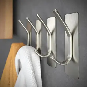 4pcs Towel Hooks/ Adhesive Hooks - Heavy Duty Wall Hooks Stainless Steel Robe/ Coat Towel Hooks for Bathroom and Bedroom