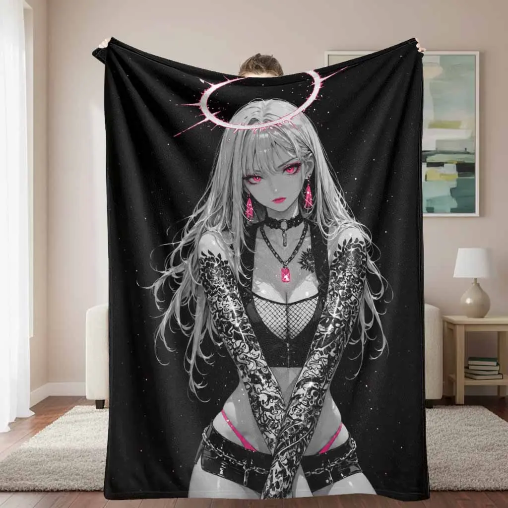Dark Gothic Anime Girl Flannel Fabric Throw Blanket - Neon Halo Tattoo Print, Breathable, Soft Cozy Lightweight Fade-Resistant, Multi-Size Indoor Blanket for Bedroom Sofa, 30×40in/76×101cm (Mini), 50×60in/127×152cm (Medium), Holiday Gift