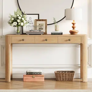[Fahuac] Rustic Console Table with Curved Corners – Entryway Table with 3 Concealed Drawers, Sturdy Sofa Table for Hallway Living Room, Safe Rounded Design for Kids & Pets