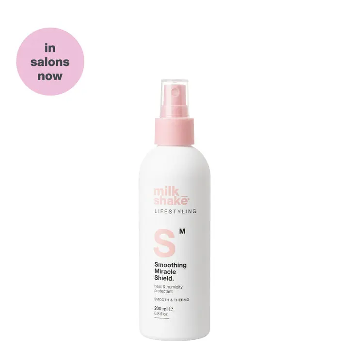 Milk_shake smoothing miracle shield, A lightweight, smoothing spray that helps protect hair from heat styling and blocks out humidity leaving hair soft, sleek and beautifully polished.