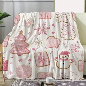 Snowman And Pink Gingerbread Design Cozy Flannel Christmas Blanket - Soft, Warm, Suitable For All Seasons For Sofa, Bed, Car, Office, Camping, And Travel - Festive Holiday Decoration Background, Travel Blanket| Playful Pattern Blanket