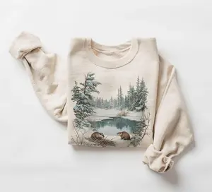 Beaver Sweatshirt, Winter Forest Pond Scene Pullover, Vintage Wildlife Graphic Crewneck, Cozy Nature Lover Gift for Outdoor Enthusiasts