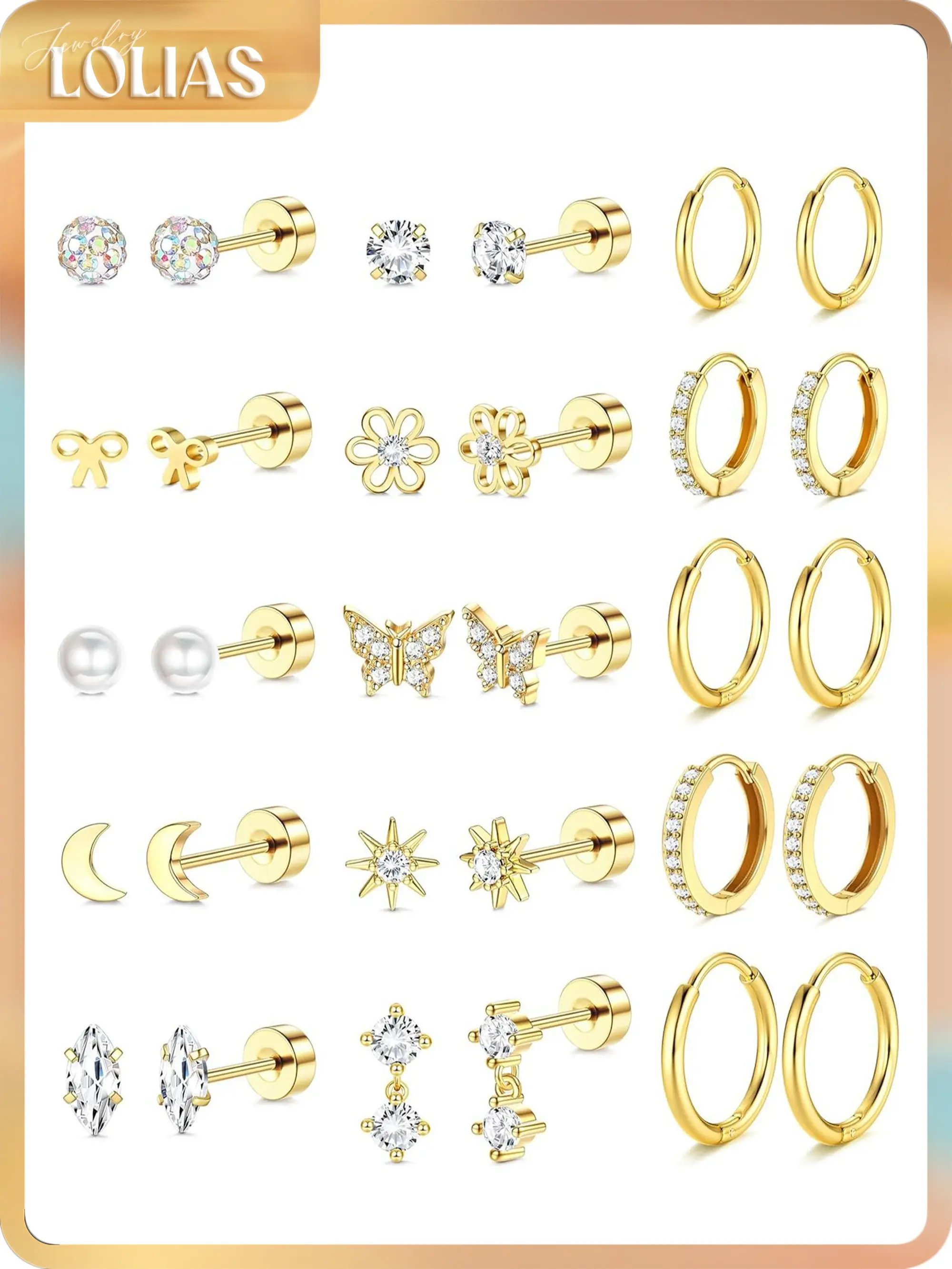 LOLIAS 14K Gold Plated Flat Back Earrings - Hypoallergenic Surgical Stainless Steel Stud Hoop Earrings for Women Girls Cute Stud Earring Set Small Huggie Hoops Cartilage Earring Stacks