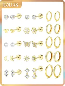 LOLIAS 14K Gold Plated Flat Back Earrings - Hypoallergenic Surgical Stainless Steel Stud Hoop Earrings for Women Girls Cute Stud Earring Set Small Huggie Hoops Cartilage Earring Stacks