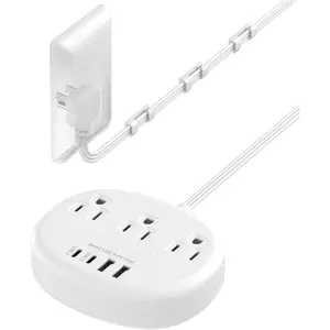 Flat Extension Cord with Outlet Cover &  Clips- 5 FT, 1625W  Proof Extension Cord with 3 AC Outlet 4 USB (24W/4.8A), Flat 90  Power Strip for Behind Furniture Couch Sofa TV, etc