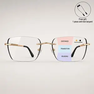 Progressive Photochromic Reading Glasses - Men’s & Women’s Multifocal Light-Adaptive Rimless Eyeglasses for Near & Far Vision, Lightweight Non-Prescription Frames