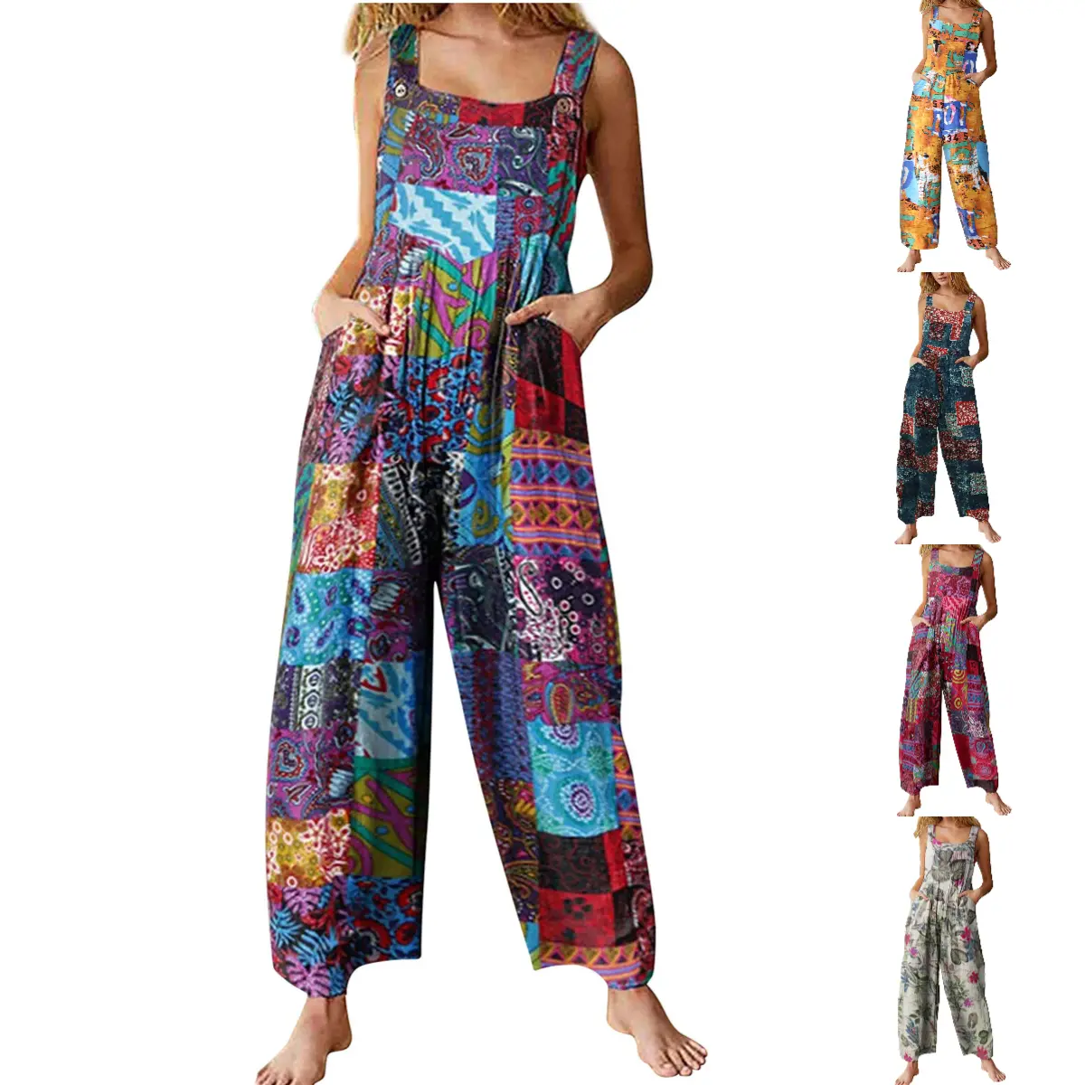 Women's Bohemian Wide Leg Bib Overall - Patchwork, Dual Pocket, Floral Print, Vintage, Classic, Basic Bohemian Dungarees for Spring
