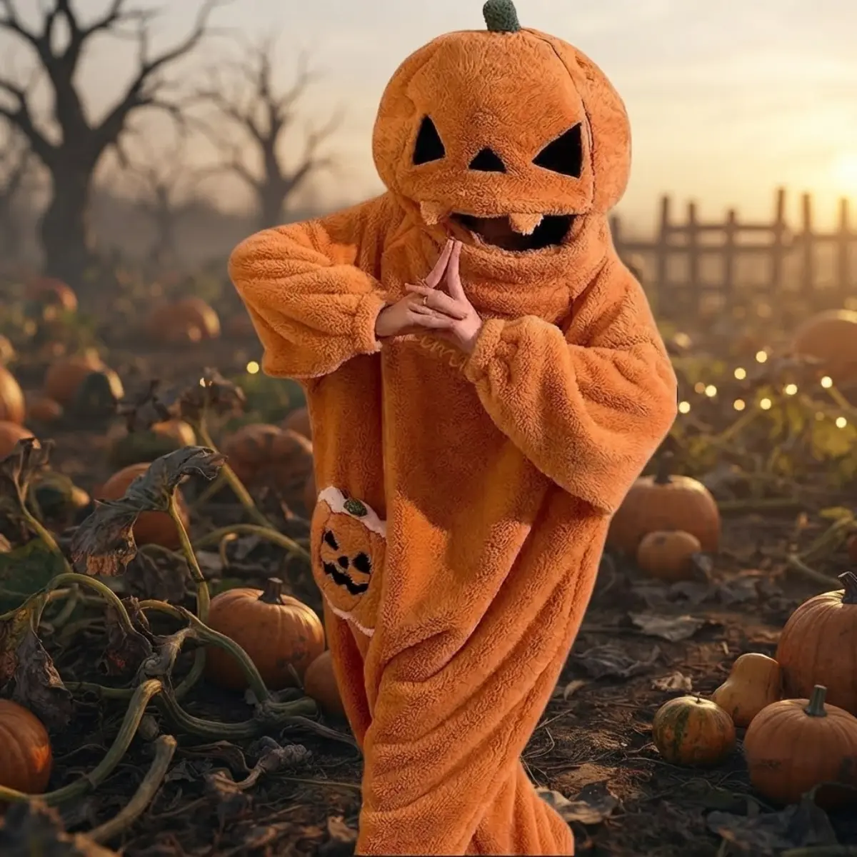 Women’s Halloween Pumpkin Onesie Costume, Cozy Fleece Hooded Pajama Jumpsuit with Zipper, Cute Cartoon Pumpkin Sleepwear Outfit, Warm Lounge Wear for Halloween Party & Trick or Treat