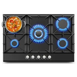 30 Inch Professional Gas Cooktop 5 Burner Convertible NG/LPG Built-In Premium Black Glass Safety Flame Protection Hob Quick Connect PG001-305G Heavy Duty Stove Pressure Stove High Efficiency
