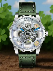 Men’s New Watch Business Fashion Trend High-End Niche Unique Design Disk Green Leather Strap Fully Automatic Mechanical Watch