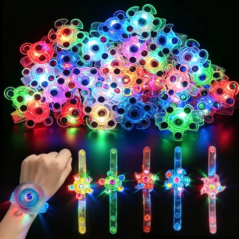 24-Pack Plastic LED Light Glow-in-the-Dark Fidget Spinner Bracelets Set - Wrist-Fit, Spins, Stress-Relieving, Bulk Gift, Mini Unique Cool Gifts, Party Bag Fillers, Festive Supplies, One Size Assortment
