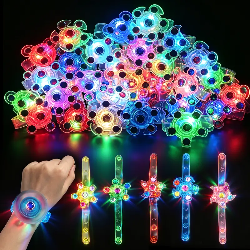 24-Pack Plastic LED Light Glow-in-the-Dark Fidget Spinner Bracelets Set - Wrist-Fit, Spins, Stress-Relieving, Bulk Gift, Mini Unique Cool Gifts, Party Bag Fillers, Festive Supplies, One Size Assortment
