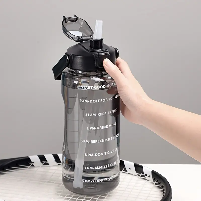 2L Large Capacity Workout Water Bottle for Gym with Flip Lid Straw, Ultra Portable, Sports Fitness Design with Time Markers, Ideal for Travel, Hiking, Camping
