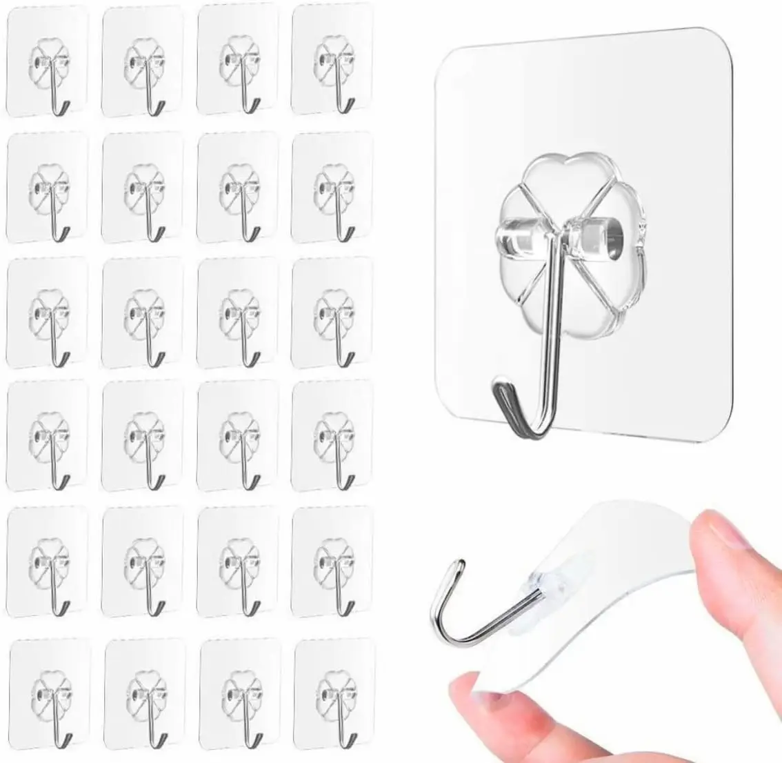 33lbs Adhesive Hooks for Hanging on Wall or Ceiling, Heavy Duty, Clear,  Free, Traceless, Stick on Hangers for Kitchen Bathroom, 10 count