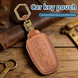 For Ford Key Fob Cover with Keychain,genuine leather Key Case Shell for Ford Explorer Bronco Escape Edge Expedition Mustang F150 F250 F350 F450 F550 Fusion Ranger Lincoln 5 Button Holder
