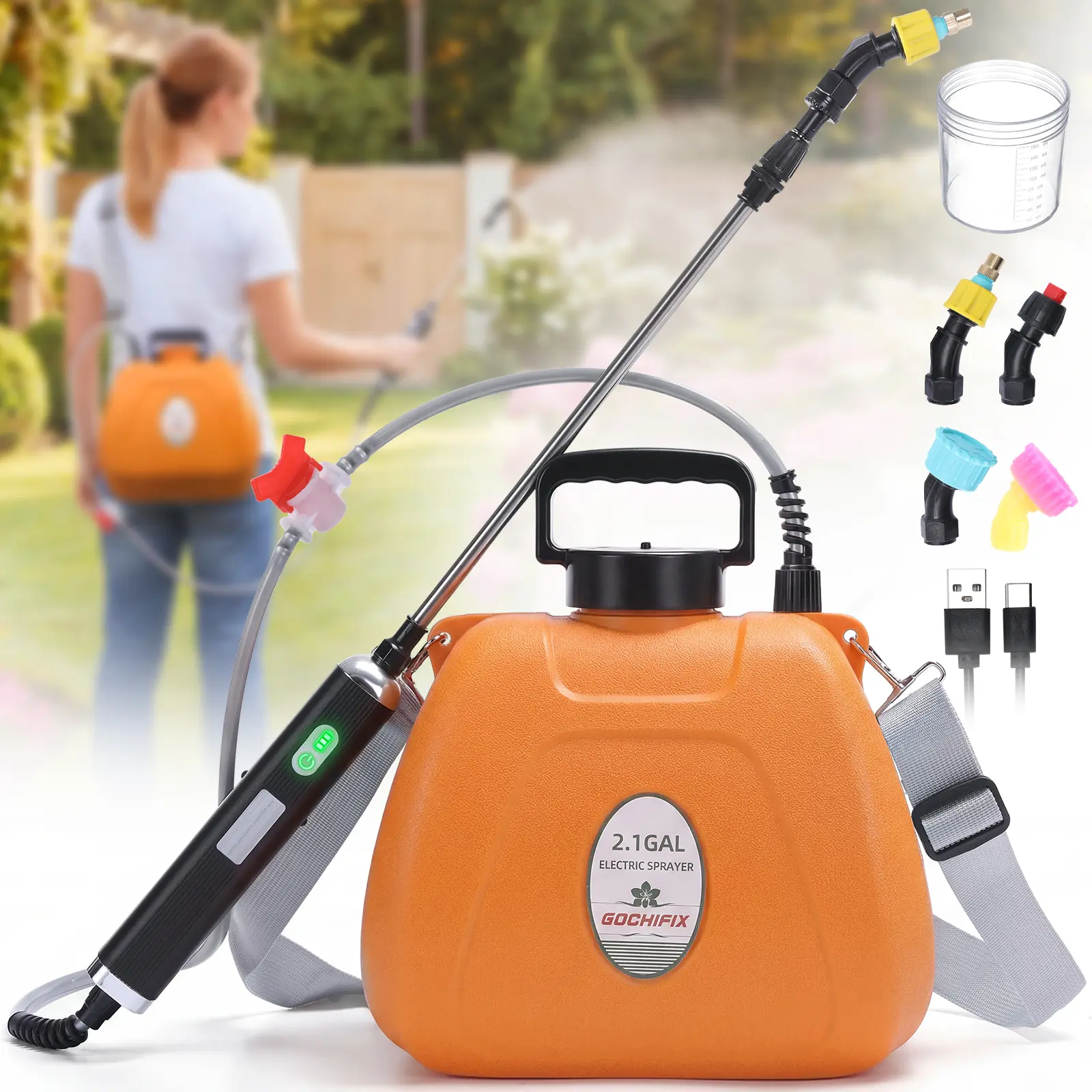 Electric Garden Weed Sprayer 2.1 Gallon, Battery Powered USB Rechargeable Handle w/Indicator, 4 Spray Nozzles, Shut-Off Valve, Retractable Wand, Strap, Auto Pump Plant Mister for Lawn Garden