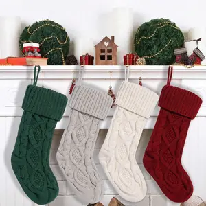 Christmas Stocking Gift & Decor, 18-Inch Cable Knit Sock, Ivory Burgundy Colors, Holiday Party Decoration