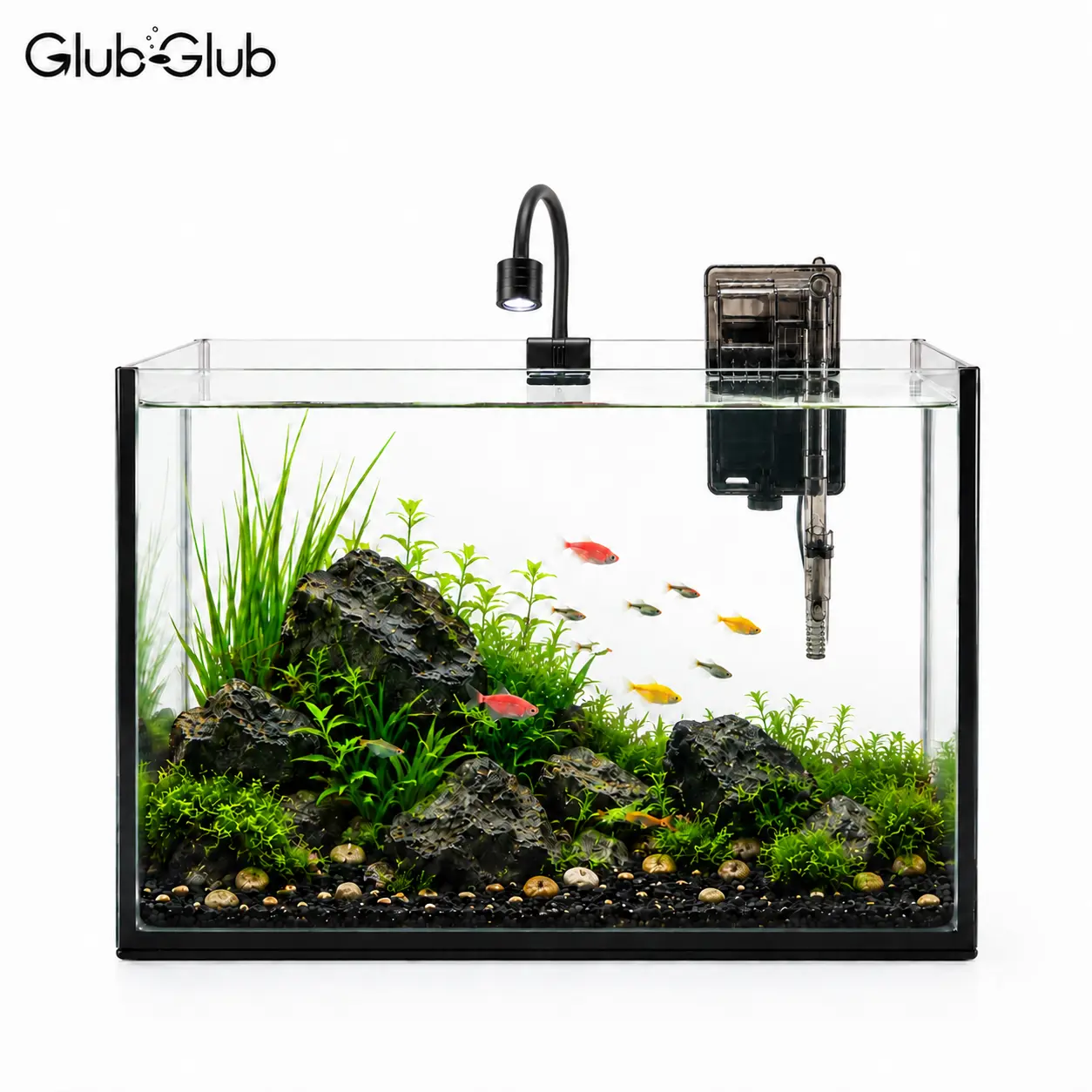 Glub Glub 2.8 Gal Aquarium Combo Set - Ultra-Clear Rimless Nano Fish Tank with 3-in-1 Waterfall Filter & 3-Color Dimmable Light for Betta, Shrimp, Planted Desk Setup