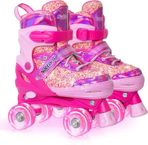 Nattork Kids Roller Skates for Girls Kids, 4 Sizes Adjustable Girls Roller Skates for Ages 3-12 with Light up Wheels & Safety Protection - Cool Birthday Gift for Indoor Outdoor Sports