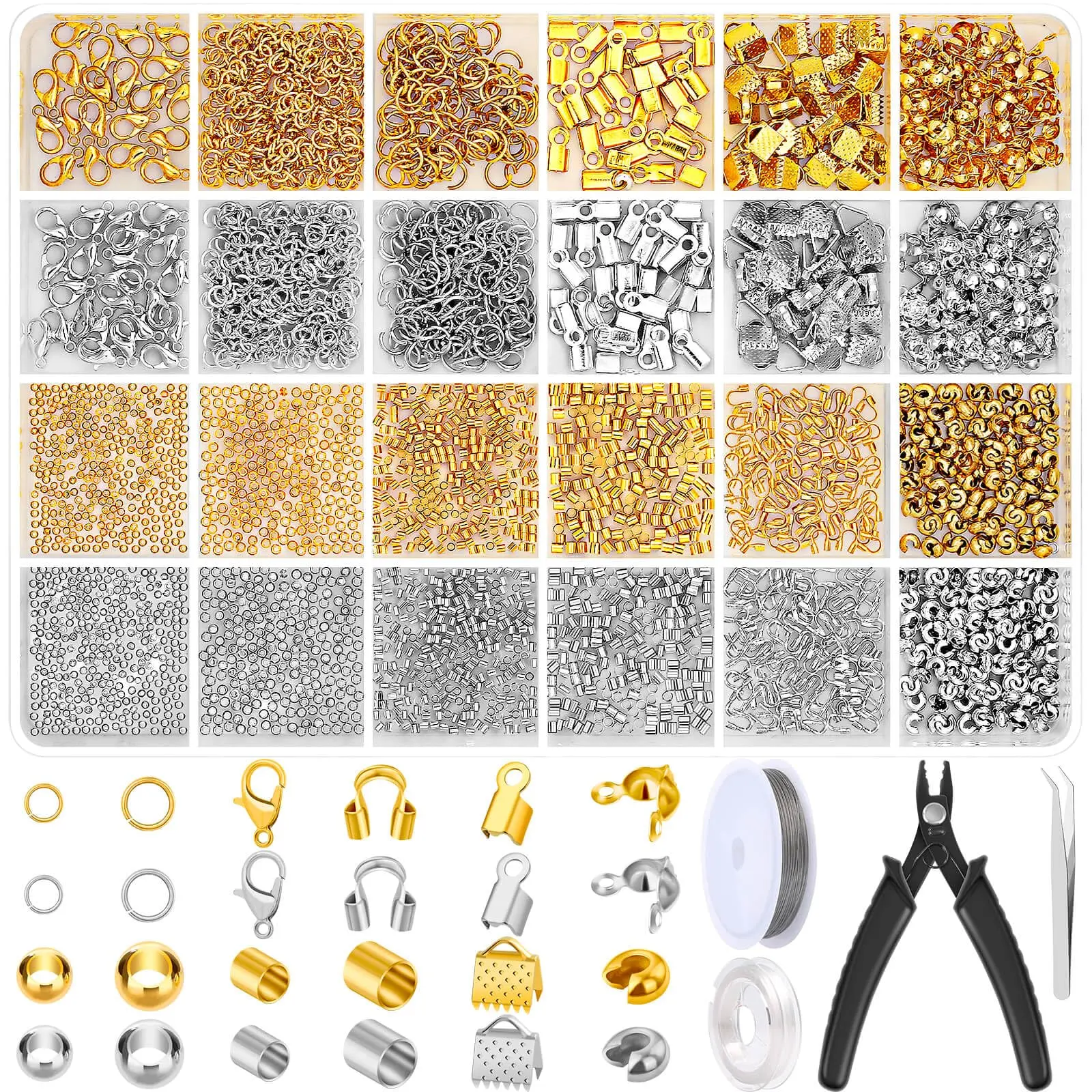 2384Pcs Crimp Beads Jewelry Making Kit – Includes Crimp Covers, Tubes, Clasps, Jump Rings, Pliers & Beading Wire