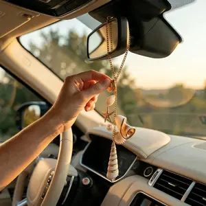 Ocean Theme Car Mirror Hanging Ornament, Stainless Steel Chain Starfish Conch Shell Pearl Pendant, Summer Beach Bag Keychain Gift