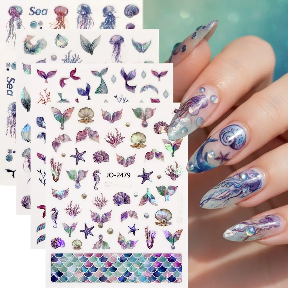 4 Sheets Laser Ocean Summer Nail Stickers, Sea Nudibranch Shell Pearl Mermaid Pattern Nail Art Decals, DIY Holographic Nail Decorations, Nail Art Supplies