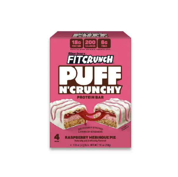 FITCRUNCH New Puff N’ Crunchy Protein Bars, Light Airy Marshmallow Puff Texture, 18g Protein, 6g of Fiber, Low Sugar, 200 Calories (4 Bars, Raspberry Meringue Pie)