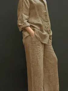 Spring Summer Fall Polo Neck Casual Cardigan Set, Slimming Pure Color Elegant Shirt Top, Vacation Commute Comfort Soft Fabric Pants Two-Piece Suit