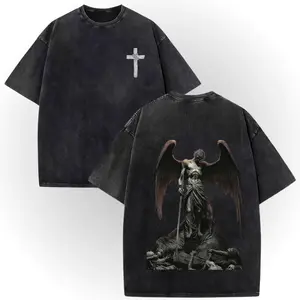 Men's Vintage Washed Unisex 100% Cotton Reversible Short-Sleeve T-Shirt - Ribbed, Soft, Breathable, Round Neck, Cross Design, Fallen Angel Theme funny men Eat Sleep Goon Repeat