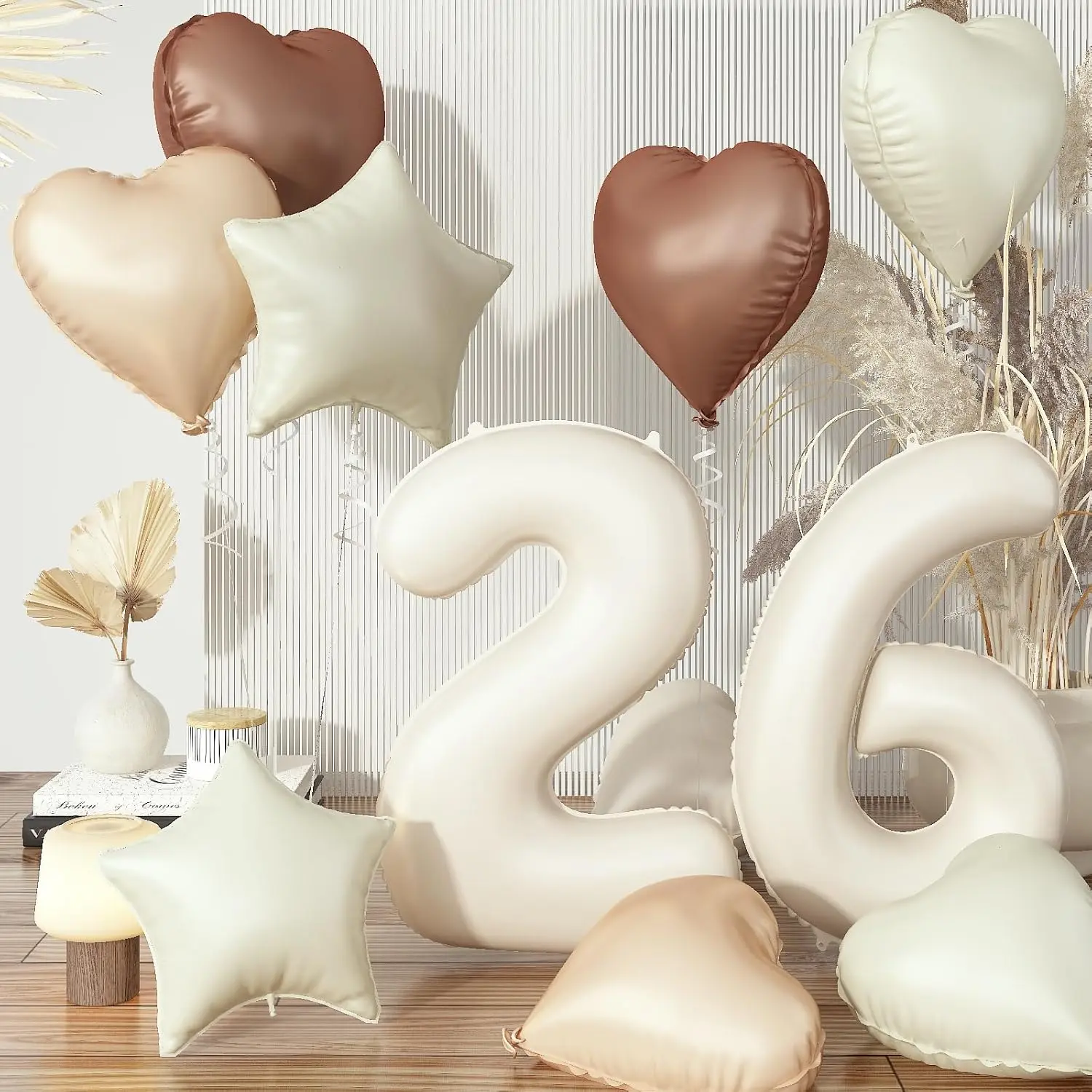 Cream and Beige 26th Birthday Balloon Set with Foil Stars, Hearts, and Large Number Balloons