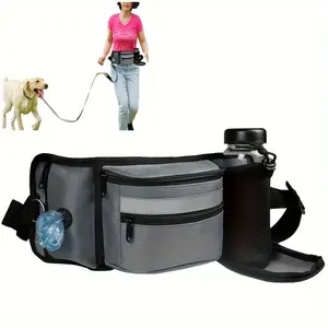 Dog Training Treat Bag Zipper Waist Bag, Plus Size Dog Treat Bag with Water Bottle Holder Silicone Liner and Clip for Trash Bags, Puppy Hiking Dog Walking Waist Bag Set, Gray, Black