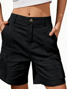 Women's Solid High Waist Cargo Shorts, Casual Comfy Mid-length Trousers for Daily Wear, Ladies Bottoms for Summer