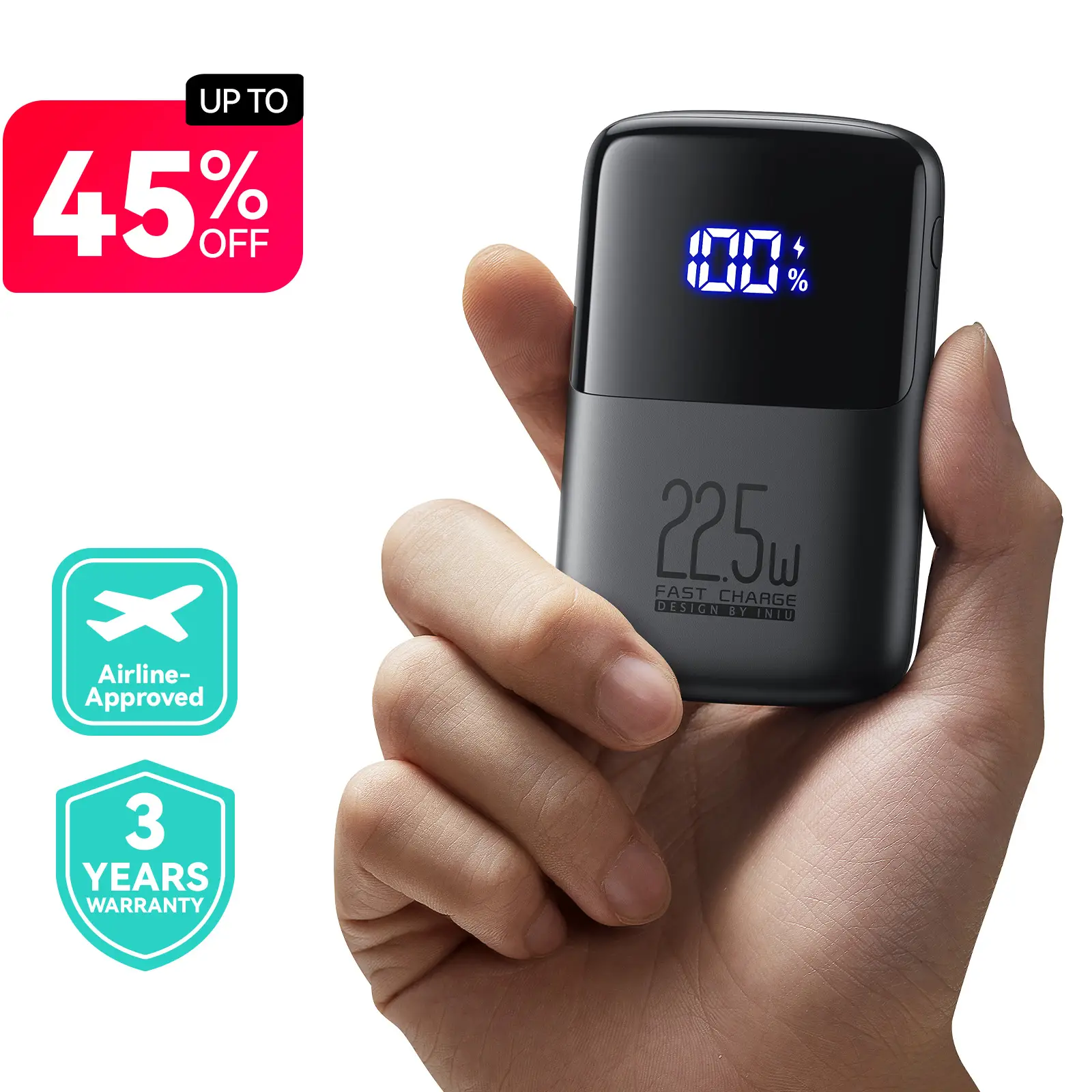 INIU Small 10000mAh Power Bank USB C In/Output 22.5W Fast Charging Portable Charger, 3-Output Mini Battery Pack Charger with Phone Holder for iPhone 1