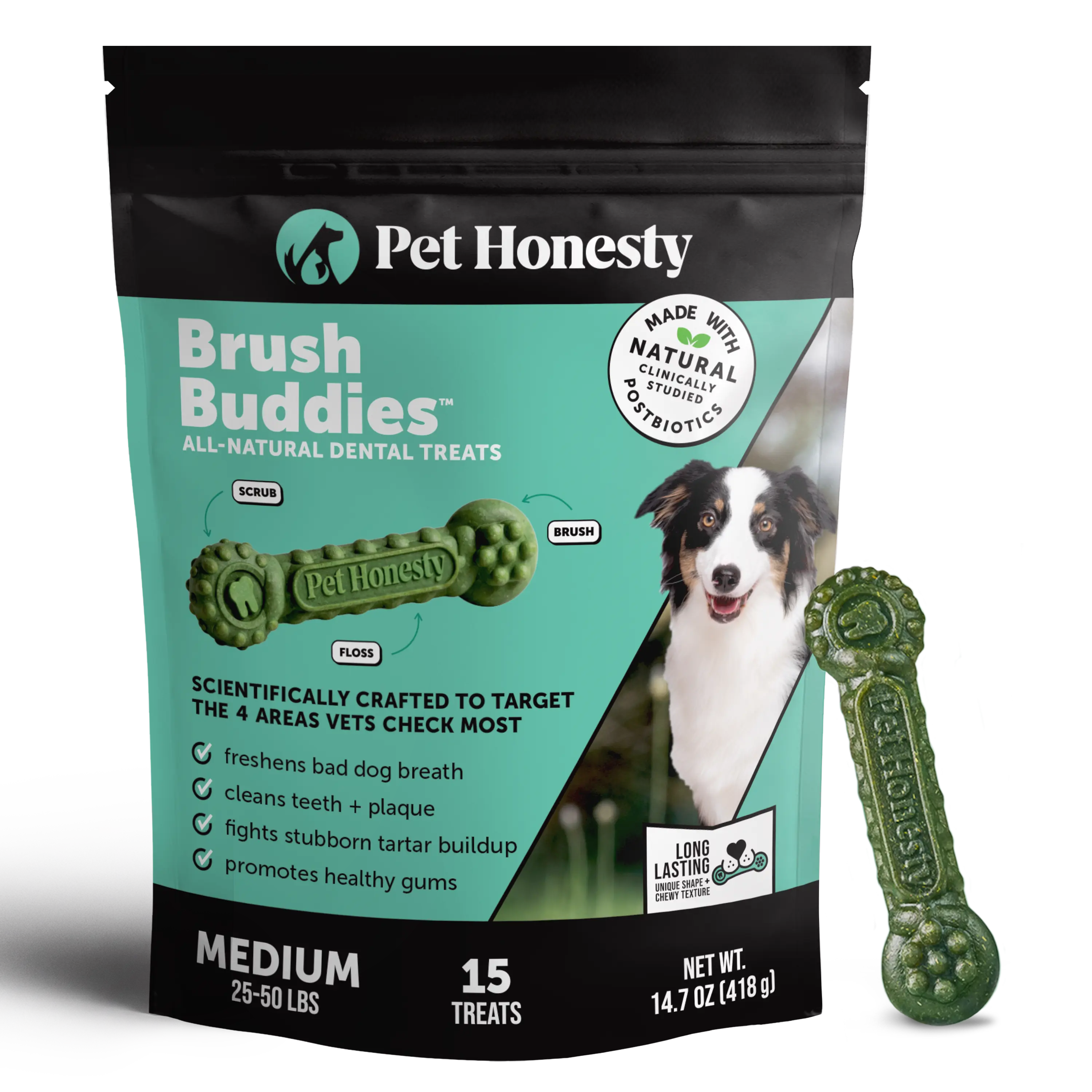 Brush Buddies All-Natural + Long Lasting Dental Treats for Medium Sized Dogs - 15 Count