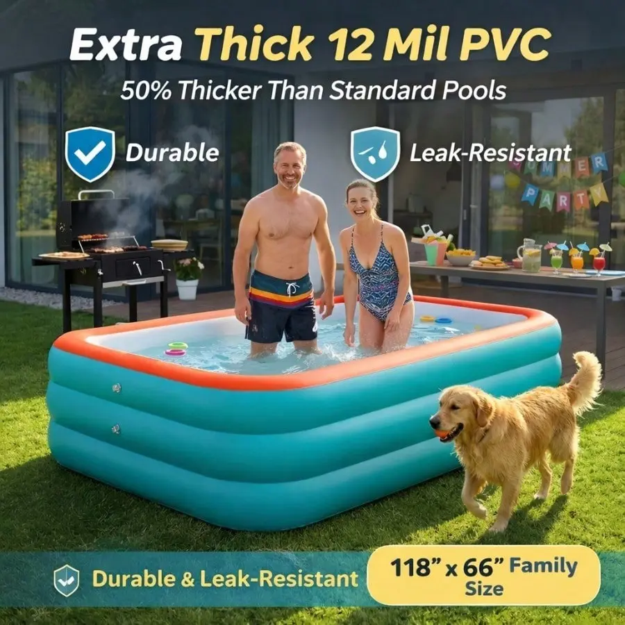 Extra Large Portable Inflatable Pool (118"x66"), 12 Mil 4-Layer Thick PVC, 4-Tier Independent Airbags, Leak-Proof Pet-Friendly Above Ground Pool with Quick Drain Valve & Repair Kit, for Backyard, Indoor Summer Use, Inflatable Pool Backyard