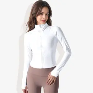 Anna-Kaci Active Women's Stretchy Long Sleeve High Neck Zip Pocket Sports Jacket-Large, White