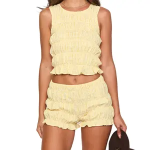 Women's 2 Piece Casual Outfits Ladies Female Sleeveless O Neck Ruched Striped Tank Tops + Shorts Sets Womenswear Streetwear Yellow