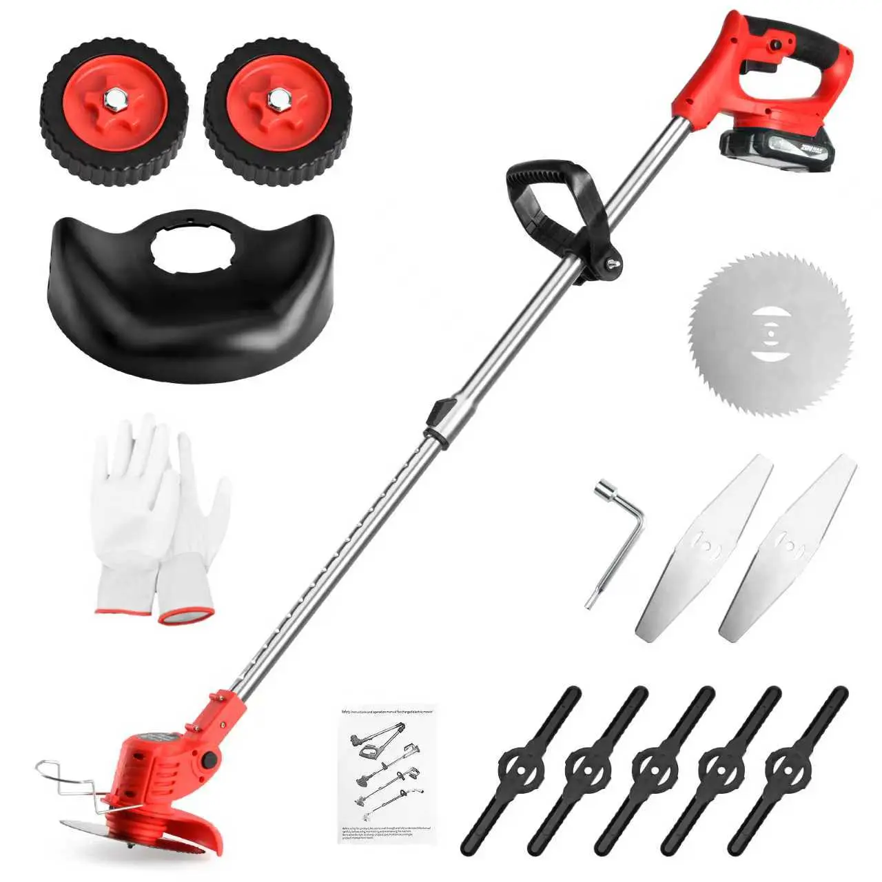 Cordless Weed Wacker with 4000mAh Batteries & Charger, 52-Min Runtime Telescopic Grass Trimmer with Training Wheels & 3 Types of Blades for Yard & Garden