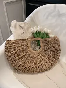Handwoven Grass Bag Handbag with Large Round Handle, Natural Bamboo Design, Perfect for Summer Beach, Beach Outings and Travel Accessories