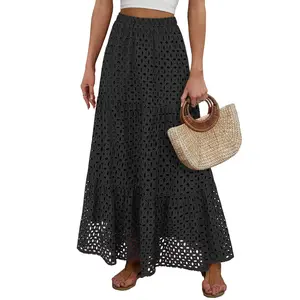 ANRABESS Maxi Skirts for Women Boho Tiered Eyelet Elastic High Waist A-Line Summer Casual Flowy Beach Vacation Long Skirt
