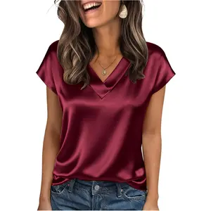 EncoLax Women Silk Satin Tops Cap Short Sleeve Blouse V Neck Shirts Business Casual Outfits