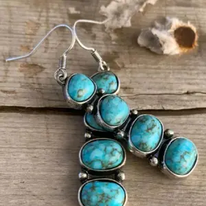 Turquoise Stacked Dangle Earrings with Silver Tone Accents and Oval Stone Design for Women