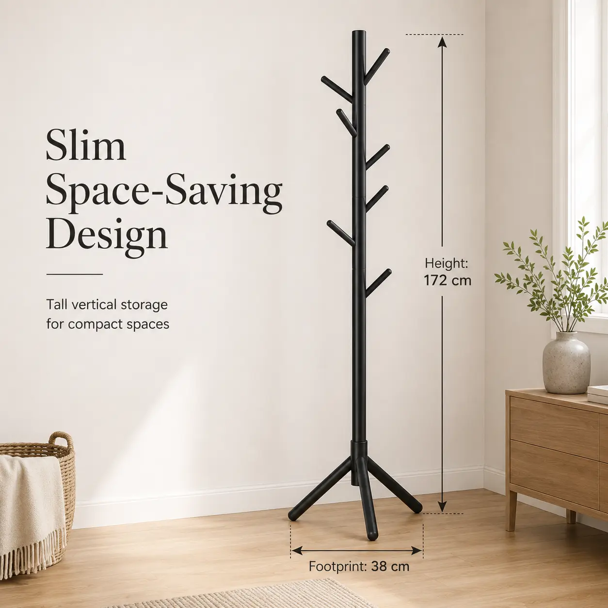 Freestanding Tree Coat Rack Stand with 8 Multi-Angle Hooks, Slim Space Saving Garment Hanger Organizer with Stable Tripod Base, Vertical Clothes Hat Scarf Holder for Entryway Bedroom Apartment Hallway, Natural Wood / Black / White 3 Colors Available
