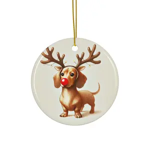Holiday Ceramic Ornament, Reindeer Dachshund with Red Nose, Christmas Tree Decor, Festive Decoration, Xmas Gift Idea, Hanging