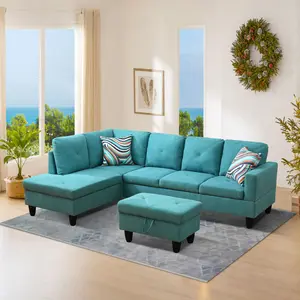 Vibrant Aqua Blue Linen Sofa Set, 3-Piece Stain-Resistant Living Room Couch, Color-Pop Upholstered Furniture to Brighten Up Your Living Room