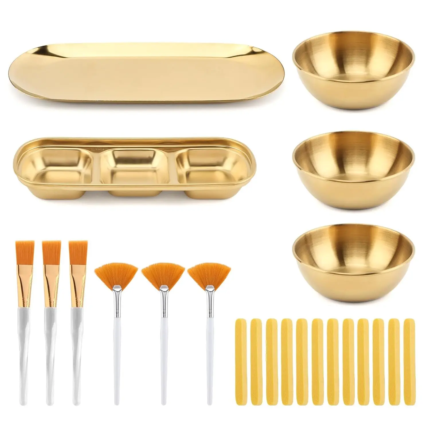 23 pcs beauty skin care tools including 3 Mixing Bowls 1 Serving Tray 1 Compartment Serving Tray 3 Facial Fan Brushes 3 Face Mask Applicator Brush 12 Facial Sponge Beauty & Personal Care