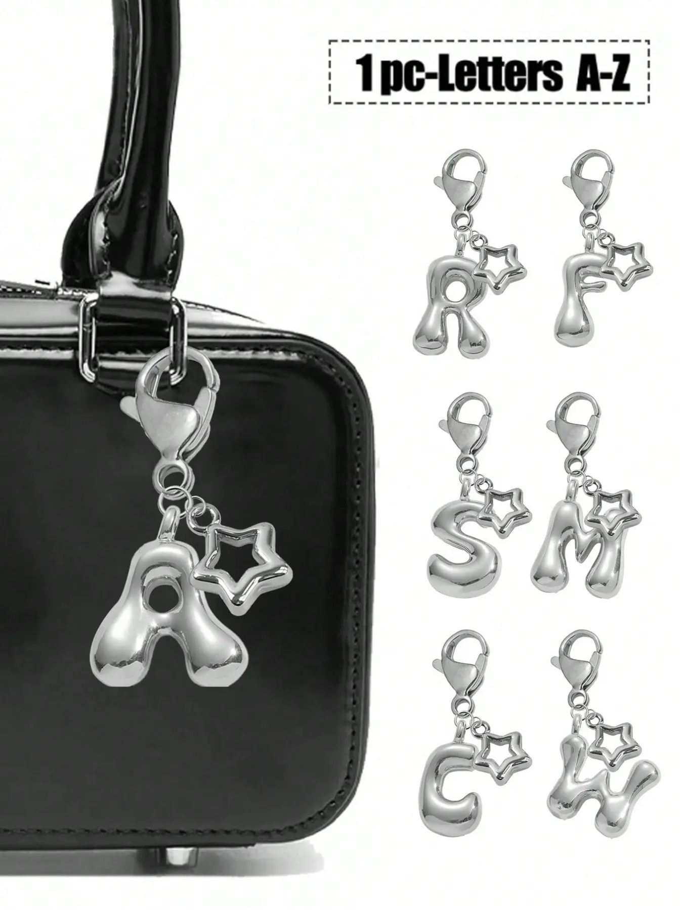 Cute Bubble Bag Charm - Comes with hollow star accessories, sparkling letters A-Z, shiny alloy bag/backpack charms - Perfect gift for birthdays and special occasions, also works as headphone charm, keychain, or bag/backpack charm