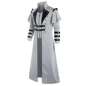 Mens Medieval Renaissance Punk Retro Long Slit Leather Coat for Stage Play Performance Photography Distressed Velvet Coats