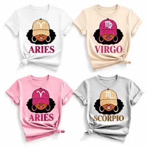 [Full 12 Zodiac] Zodiac Vibes Tshirt – Afro Woman Astrology Sign Pullover with Sparkly Hat Graphic, Unisex Horoscope Crewneck Gift for White, Sand, Grey Sport, Pink Color